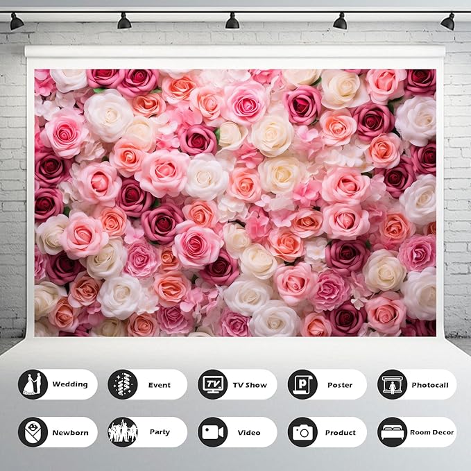 Pink Roses Background Flowers Wall Photography Background Various Floral Roses Backdrops Anniversary Birthday Wedding Baby Shower Backgrounds Decor Children Adults Video Studio Prop 15x10ft