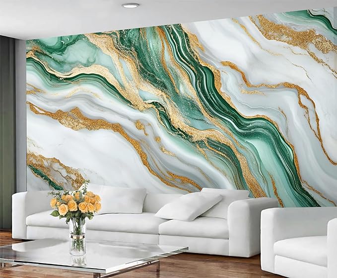 Green Gold Marble Wall Mural, Elegant Marble 3D Wall Murals, Luxury Stone Texture Wallpaper Mural, for Living Room Bedroom Large Wallpaper Indoor Decor 98.4" W x68.9 H