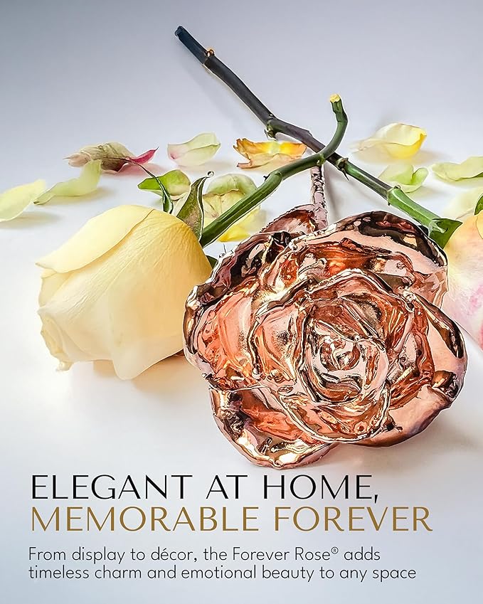 Forever Rose Two Real Roses Dipped in Rose Gold, Handcrafted Preserved Rose in Acrylic Heart Vase and Luxury Gold Gift Box, Romantic Gift for Her, Elegant Keepsake for Anniversary, Birthday