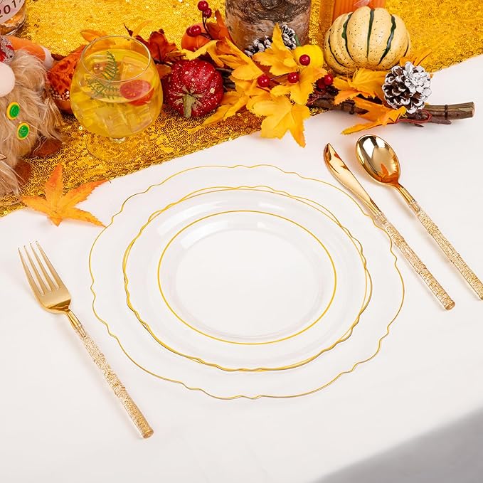 Liacere 150PCS Clear Gold Plastic Plates - Disposable Plastic Silverware with Glitter Bamboo Handle Cutlery-Baroque Clear Gold Disposable Plates for Wedding & Party & Thanksgiving &Fall Decor
