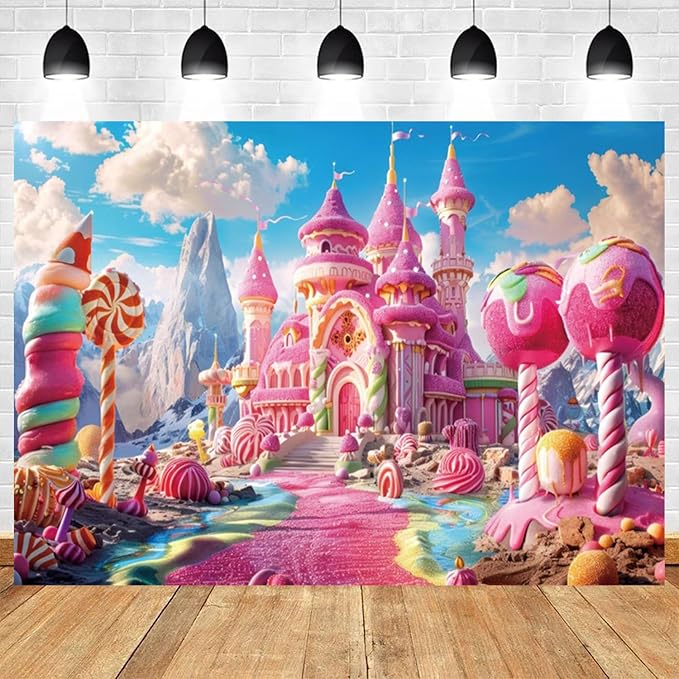7x5ft Pink Fantasy Castle Backdrop Candy Land Sweet Candy House Photography Background Baby Shower Sweet Girl Princess Birthday Banner Decorations Kids Artistic Portrait Photo Booth Prop