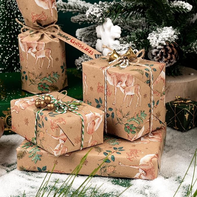 WRAPAHOLIC 30 Inch Kraft Christmas Wrapping Paper - 30 Inch x 33 Feet - Reindeer Wrapping Paper with Holly Design for Christmas, Holiday, Party Celebration