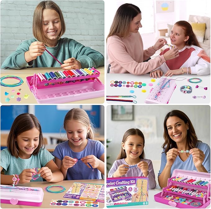 Friendship Bracelet Making Kit with Storage Box,DIY String Bracelet Arts and Craft for Girls Aged 8-12,Kids' Travel Activity Toy Set,Easter Birthday Gifts for Ages 6 7 8 9 10 11 12 Year Old Rose
