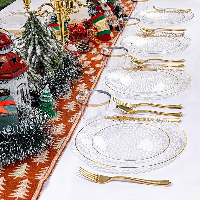 Rubtlamp 350 Pcs Clear Gold Plastic Plates, Hammered Disposable Dinnerware, Clear-Gold Plates Set Include 100 Plastic Platos, 150 Gold Disposable Silverware, 50 Cups And 50 Napkins for Christmas