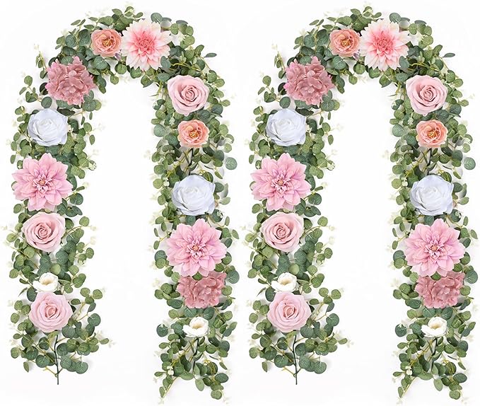 Waipfaru 2 Pcs Flower Garland, 12.14ft Eucalyptus Garland Vines with Flowers for Wedding Reception Table Mantle Spring Room Decor (Rose Pink)