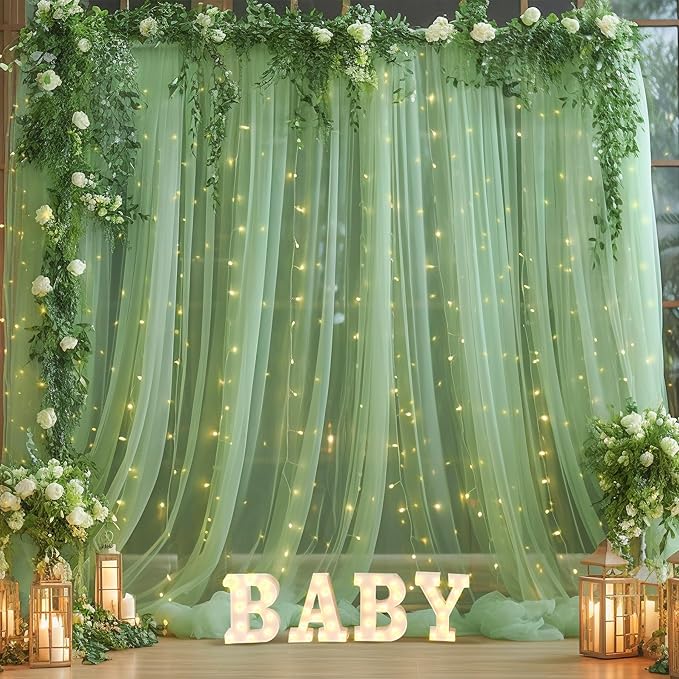 10ft x 10ft Green Backdrop Curtain with Lights String for Parties, Sheer Tulle Wedding Photo Backdrops Drapes for Baby Shower Birthday Party Decorations Background for Photography