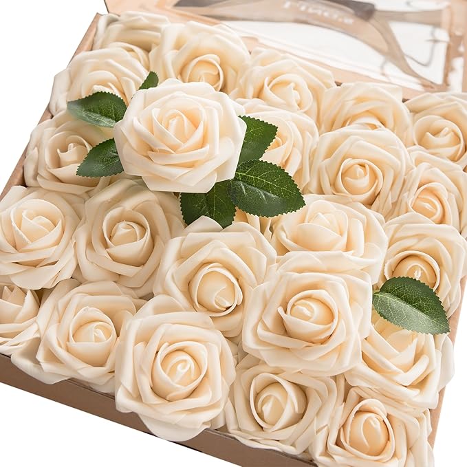 Ling's moment Artificial Flowers 50Pcs Cream Roses Decor w/Stems,3" Real Touch DIY Foam Floral for Wedding Bouquet/Centerpieces, Outdoors Party Backdrop, Room/Table, and Garden/Pot Decorations(2023)