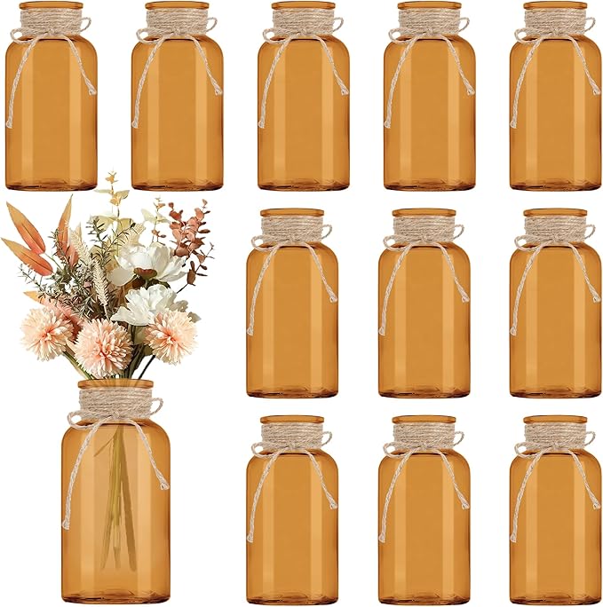 Vintage Glass Flower Vase，12 Pack Farmhouse Amber Gold Glass Centerpiece Vases Mason Jars for Weddings, Parties & Home Decor Bulk (12, Amber)