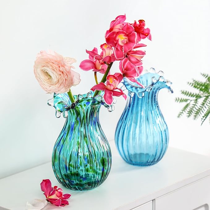 Green Glass Bubble Vase for Flowers, 8.5" Blown Glass Vase for Home Decor, Modern Art Flower Vases Decorative | Table Centerpiece, Olive Plant, Wedding, Living Room, Bookshelf, Office, Entryway
