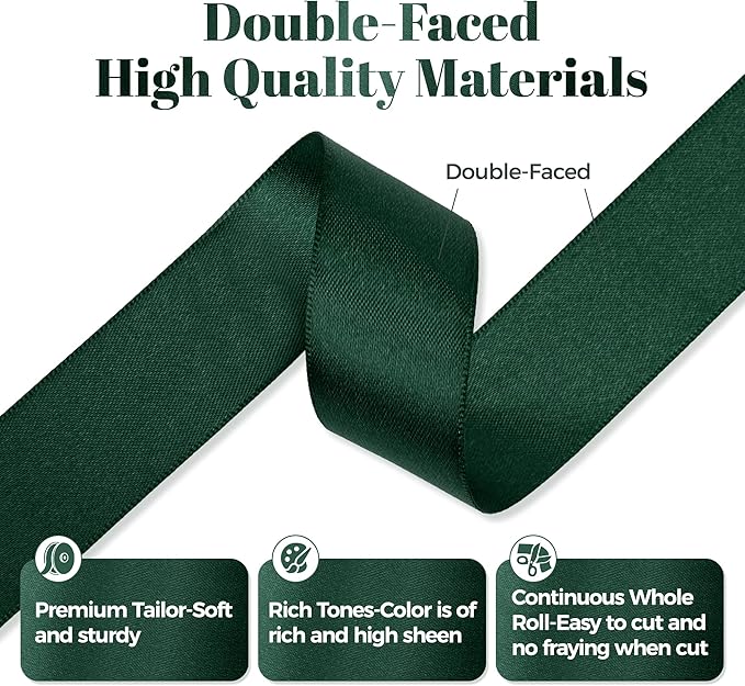 Hunter Green Satin Ribbon, Double Faced 1 Inch X 25 Yards Hunter Green Ribbon, Premium Satin Ribbon for Gift Wrapping, Crafts, Hair Bow Making, Sewing, Flower Bouquet, Wedding Party Decor