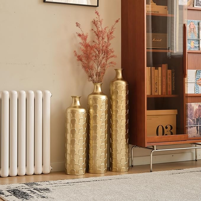 Floor Vases, Tall Home Decor Metal Vase Set of 3 Large Glazed Decorative Vases for Wedding Decor, Elegant Modern Flower Holder for Living Room, Entryway, Hallway, Dining Room