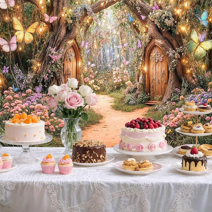 7X5ft Enchanted Forest Backdrop Fairy Tale Magic Garden Wonderland Floral Butterfly Photography Background for Kids Girls Baby Shower Birthday Party Decoration Cake Table Photo Booth Props