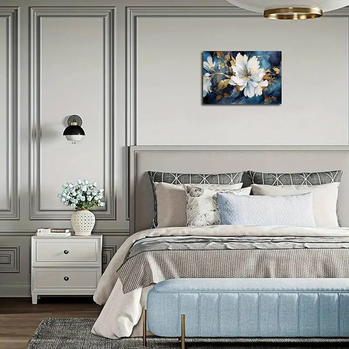 Asunygirl Flowers Wall Art Vintage Blue White Floral Canvas Pictures Abstract Botanical Modern Gold Blue Print Boho Wall Art Canvas Paintings Artwork for Bedroom Living Room Wall Decor 16x24 inch