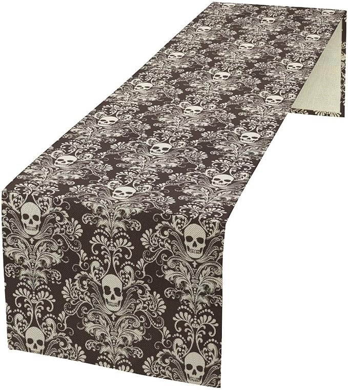 Gothic Table Runner,Damask Skull Victorian Black Floral Boho Table Runner for Home Kitchen Table Dining Garden Farmhouse Wedding Party Decor 13x60 Inch