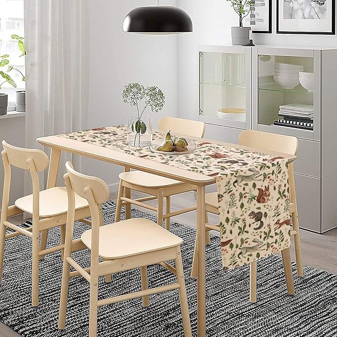 Rustic Forest Table Runner, Cartoon Woodland Wild Animals Rabbit Fox Vintage Botanical Mushroom Herbs Table Cover for Indoor Outdoor Home Decor Party, 13x120inch