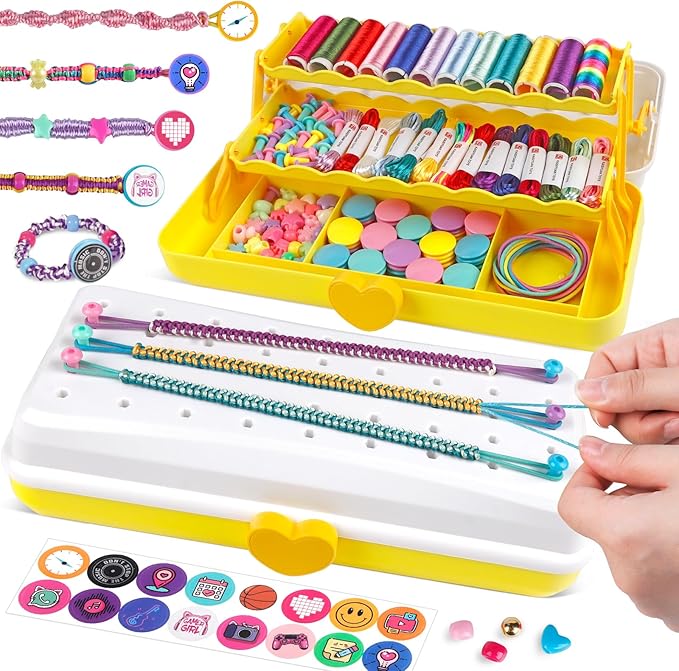 Friendship Bracelet Making Kit with Storage Box,DIY String Bracelet Arts and Craft for Girls Aged 8-12,Kids' Travel Activity Toy Set,Birthday Gifts for Ages 6 7 8 9 10 11 12 Year Old (White/Yellow)