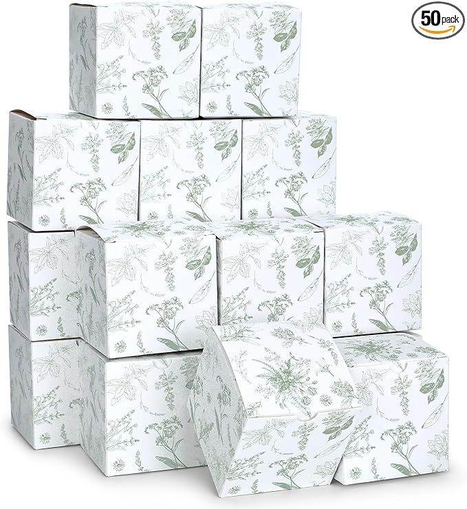 TecUnite 50 Pcs 3x3x3'' Green Floral Paper Gift Candy Boxes Chinoiserie Flower Paper Gift Box Small Green White Hydrangea Party Packaging Bag for Wedding Birthday Cardstock Shower Party Supply Decor