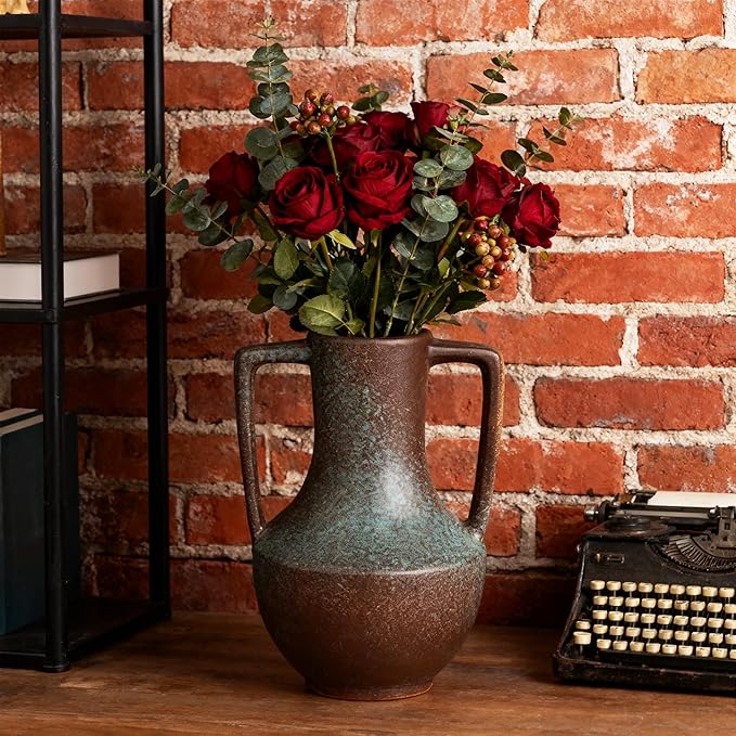 Ceramic Flower Vase with Handles,7.8" Tall Vase for Centerpieces,Large Decorative Terracotta Vases, Farmhouse Rustic Pottery Vase for Home Decor Living Room,Table,Shelf or Mantel