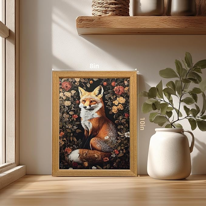 LLEEMPI William Morris Wall Art, Vintage Botanical Floral Wall Decor, Fox Flower Canvas Painting, Abstract Nature Botanical Aesthetic Picture for Living Room Bedroom Hallway Wood Framed 8x10 inch