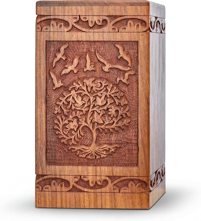 INTAJ Handcarved Wooden Cremation Urn for Human Ashes - Tree of Life Design, 250 lbs Capacity, Suitable for Adult Men and Women - Decorative Funeral Urn Box and Casket - Wooden Carved Box