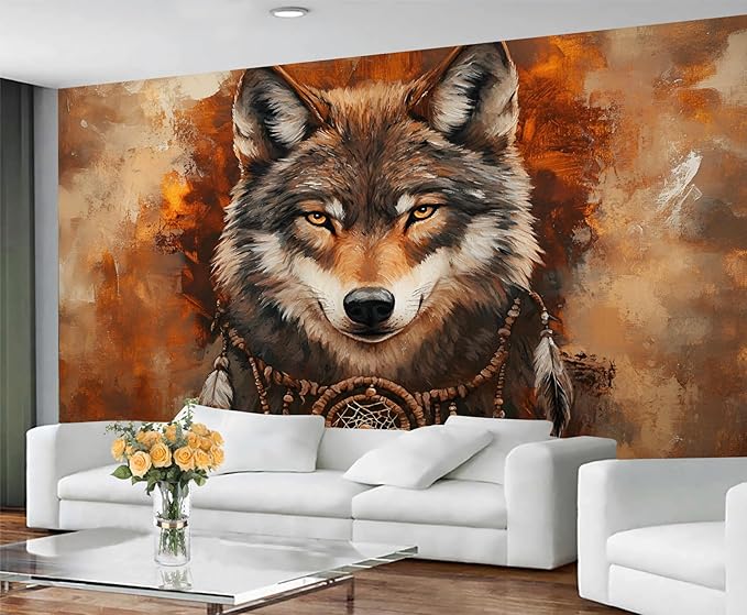 Wolf Dreamcatcher Wall Mural, Tribal Wolf 3D Wall Murals, Feathers Dreamcatcher Animal Totem Wallpaper Mural, for Living Room Bedroom Large Wallpaper Indoor Decor 98.4" W x68.9 H