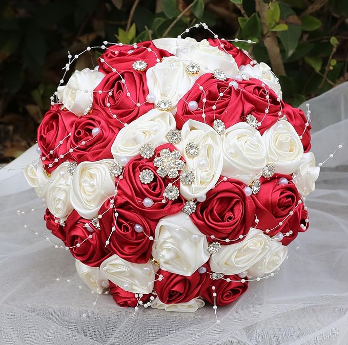 Bridal Wedding Bouquet Round Bling Brooch Bouquet Throw Toss Artificial Rose Flower Bunch for Bride Bridesmaid Wedding Quinceanera(Ruby Red & Ivory, 7.5")