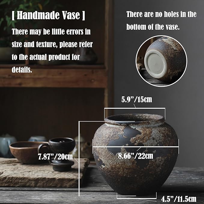 Denique Rustic Vase for Home Decor, Farmhouse Terracotta Vases, Large Ceramic Vase for Living Room Decor, Black Pottery Vase Large Clay Vase, Rustic Farmhouse Tabletop Decor(A-20cm)