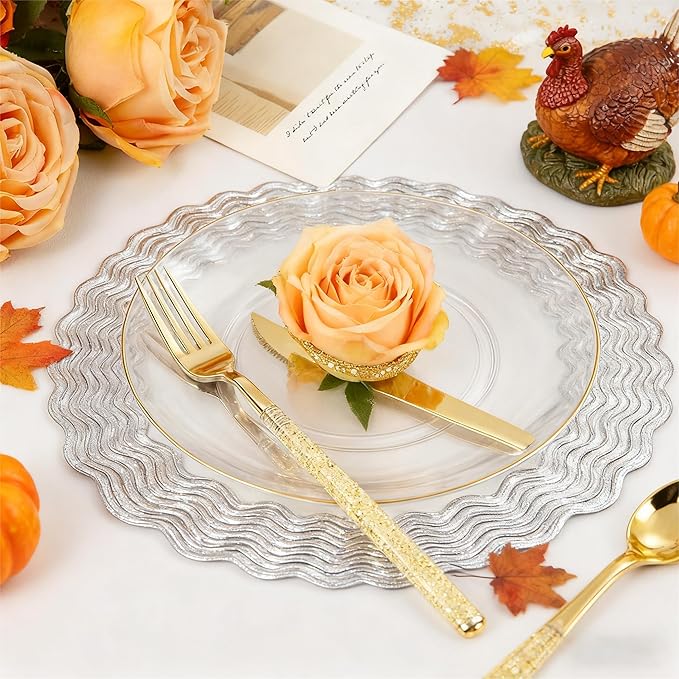 Liacere 150PCS Clear Gold Plastic Plates - Gold Plastic Silverware with Glitter Handle - Clear Disposable Plates Include 30 Guests Plates, Forks, Spoons, Knives for Wedding & Party&Chrismas