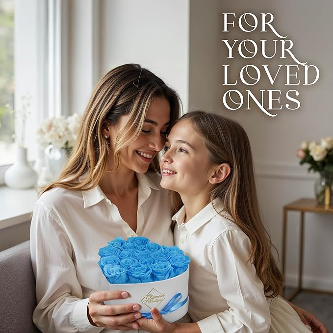 GLAMOUR BOUTIQUE Preserved Roses in a Box - Gifts for Her, Wife & Mom, Rose Flowers Forever Decor for Birthday Gift, Get Well Flower Bouquet Cased in White Box with Cover - Teal - 16-Piece