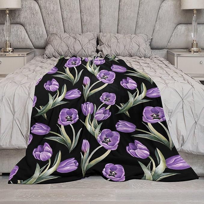 Purple Tulip Blanket Flower Gifts for Girls Women Tulip Floral Throw Blanket for Kids Adults Soft Warm Cozy Fleece Blanket for Couch Sofa Bed 60"x80"