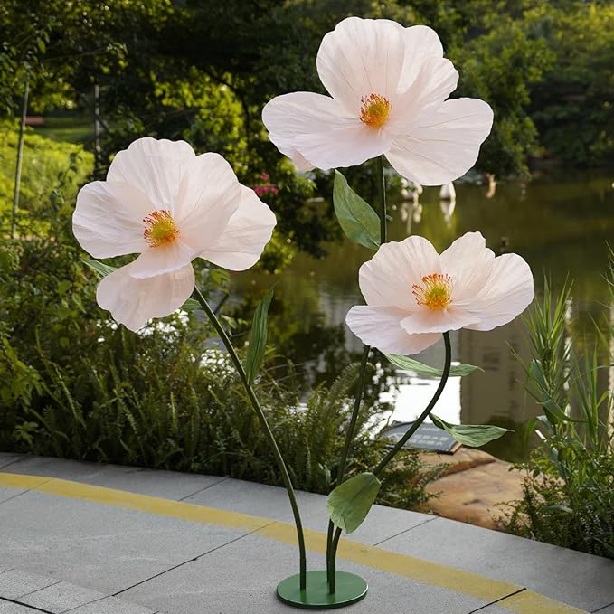 Large Paper Artificial Flowers,Giant Flowers for Decoration,Huge Handcrafted Poppy Fake Flowers with Stand for Home Decor Bridal Shower Party Outdoors Yard Event Backdrop Decor (Champagne)