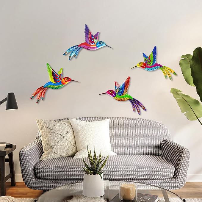 ULENDIS 4 Pack Metal Hummingbird Wall Art Outdoor Decor, 3D Colorful Outdoor Wall Art Fence Decorations for Patio and Yard, Wall Sculpture Hanging Decor for Garden Living Room Balcony