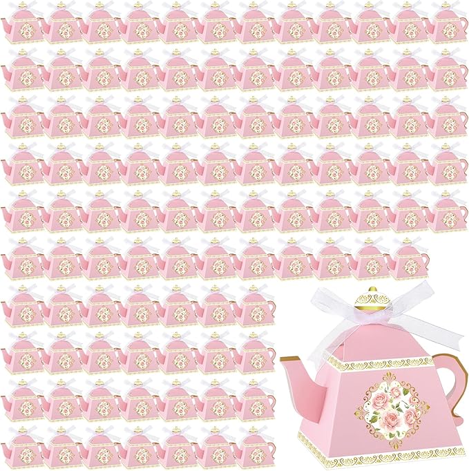 Jetec 100 Pcs Teapot Candy Box Floral Flower Tea Party Favor Gift Box Candy Boxes for Tea Garden Wedding Favors Bridal Showers Brunches Birthdays Decorations(Pink)