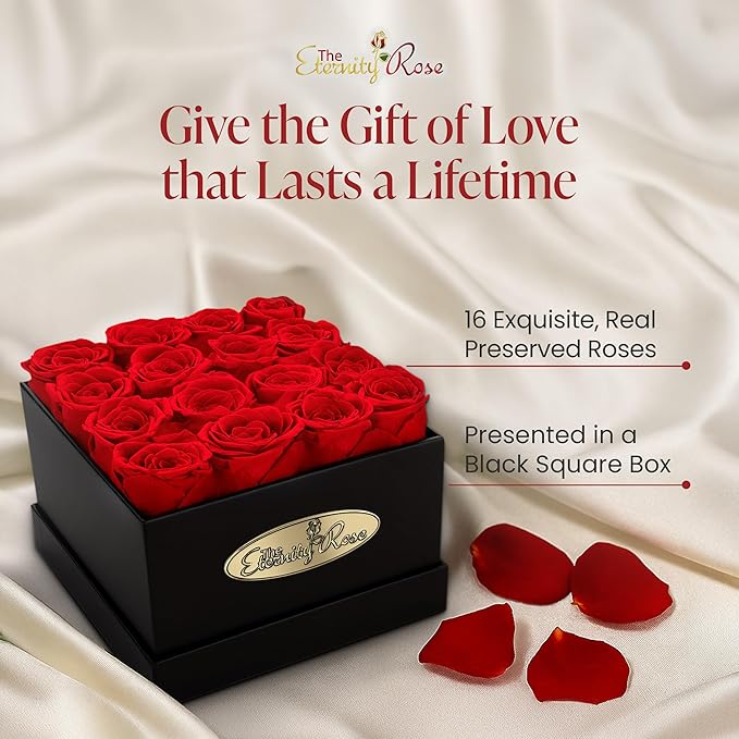 The Eternity Rose 16-Piece Preserved Roses in a Luxury Gift Box – Real Roses in Square Black Box – A Valentine’s Gift as Everlasting as Your Love