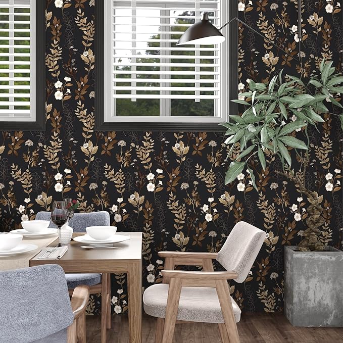 Black Floral Wallpaper Peel and Stick Gold Leaf Contact Paper 17.4" x 118" Leaf Wallpaper Waterproof Self-Adhesive Wall Covering for Bedroom Countertop Desk Cabinets Decor