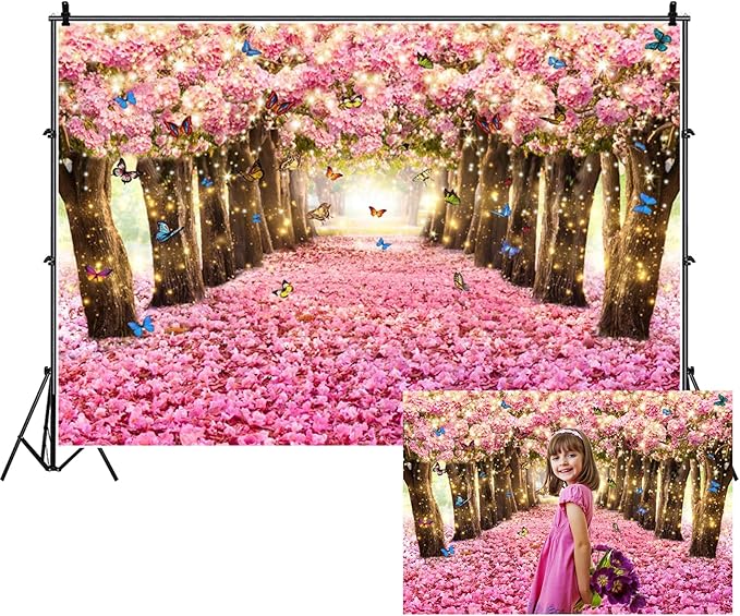 Renaiss 5x3ft Pink Cherry Blossom Backdrop Fairy Tale Romantic Pink Flowers Tree Butterfly Floral Petal Falling Boulevard Photography Background for Wedding Newborn Party Decor Photo Props