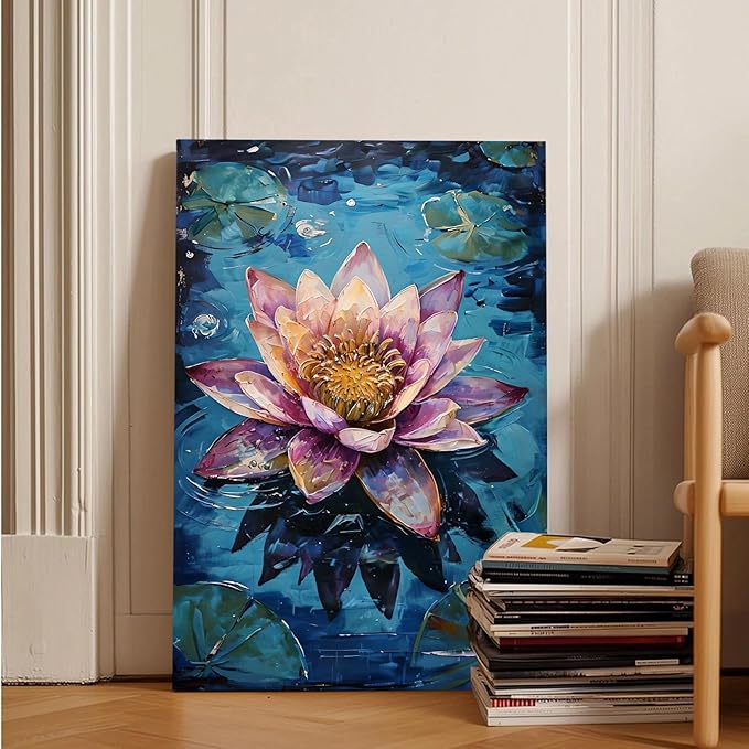 Gorgeous pink and purple water lilies on deep blue water Eye-catching oil painting Serene aquatic wall art for modern home decor 20x30in Wood Framed