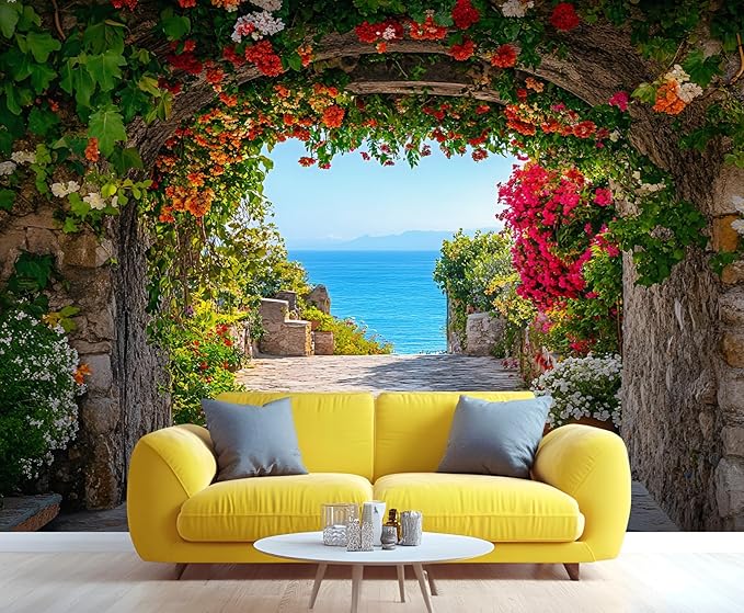 Mediterranean Arch Seaside Wall Mural, Flower Tunnel Ocean View 3D Wall Murals, Greek Island Style Wallpaper Mural, for Living Room Bedroom Large Wallpaper Indoor Decor 98.4" W x68.9 H