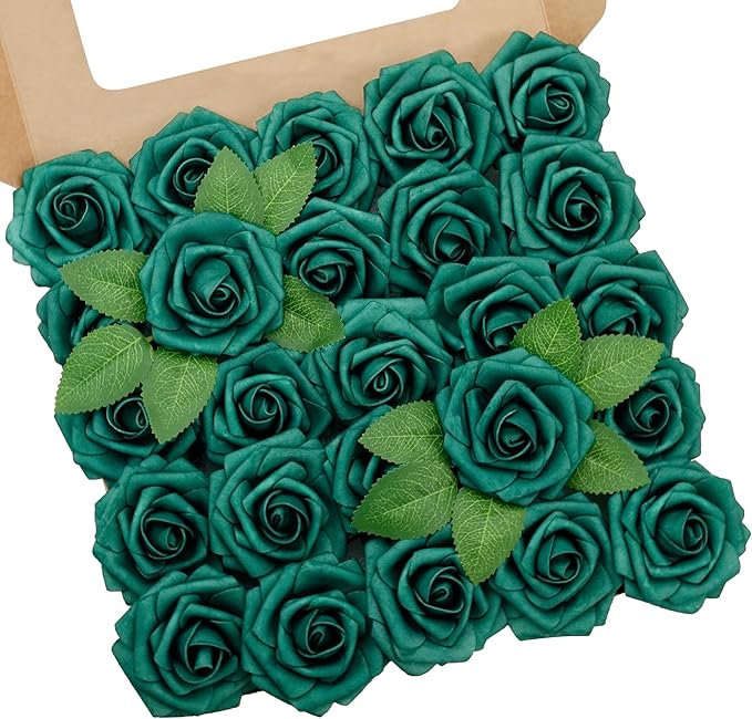 Artificial Flowers, 50pcs Hunter Green Artificial Rose for DIY Wedding Bouquets Centerpieces Arrangements, Fake Flower with Stem for Party Home Decrration