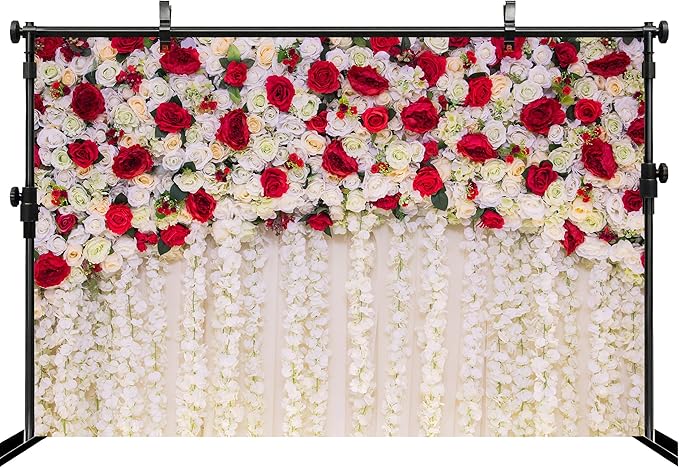 MAEQLQLM 10x8ft Wedding Flower Wall Backdrop Romantic Red White Floral Wall with Hanging Flowers Photography Background for Wedding Party Decor Bridal Shower Photo Booth Props