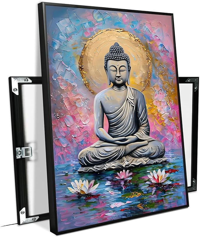 Lotus and golden Buddha meditation tranquil zen wall art mindfulness wall art for spiritual harmony and tranquility decor 12x18in Metal blackFramed