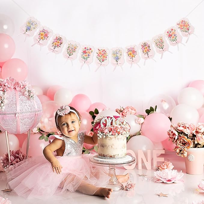 Floral Baby Shower Decorations Garland - Baby in Bloom Bow Banner, Flowers Baby Clothes Banner for Gender Reveal, 1st Birthday, Anniversary Party Backdrop