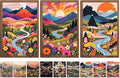Nature Landscape Boho Wall Art Set of 3 24x16In Wood Framed,with 9 Bonus 8x10 Posters Prints, Abstract Ridge River Sunset Floral Canvas Paintings for Living Room Bedroom Office