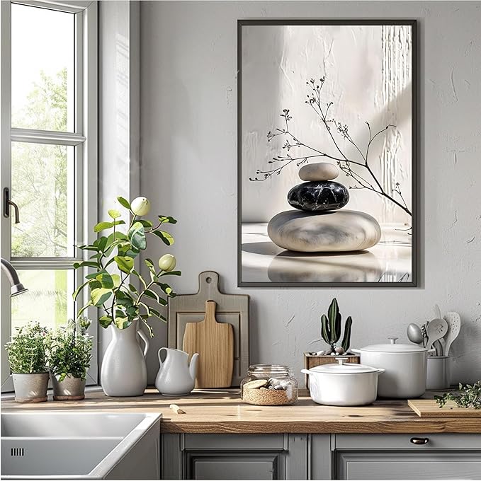 Gray and black stone pile and dried flowers poster canvas wall art in harmony Minimalist wall art for tranquil homes and mindful spaces 16x24in Metal blackFramed