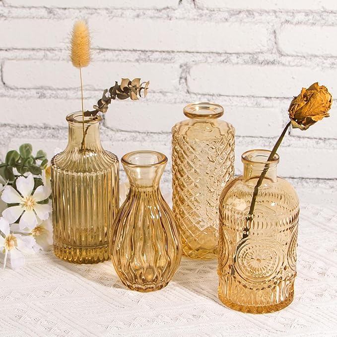 Gold Amber Glass Bud Vases Set of 12, Small Vases for Flowers, Champagne Mini Vintage Vases for Centerpieces,Bud Vase in Bulk for Wedding Decor,Single Flowers,Office and Home Table Flower Décor