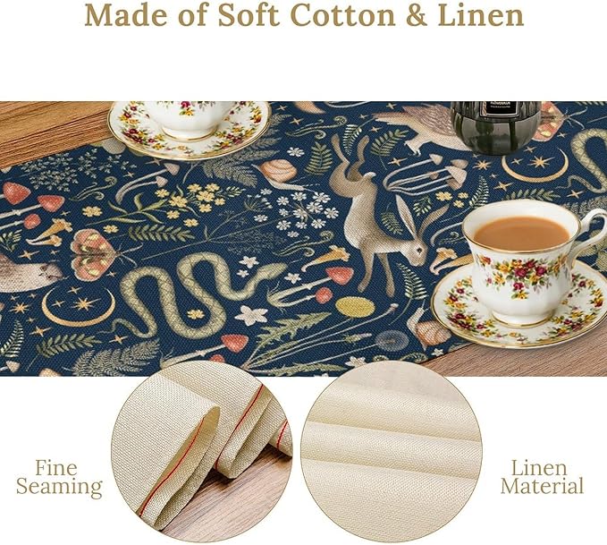 Fairy Forest Table Runner, Rustic Retro Woodland Wildlife Owl Squirrel Flowers Mushroom Seasonal Holiday Kitchen Dining Coffee Table Decoration For Home Indoor Outdoor Party Wedding, 13x120inch