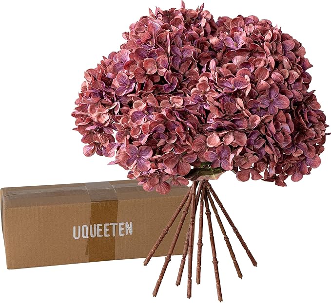 Artificial Flower Fake Silk Hydrangea Heads Bouquet with Stems Bulk for Fall Decoration Table Center Christmas Indoor Outdoor Faux Floral Realistic with Leaves Plants Crafts 8PCS(Rose red)