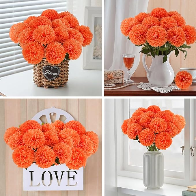 Hananona 12 Pcs Artificial Chrysanthemums Flowers Marigolds Ball Flower, Orange Fake Mums Silk Fall Flowers for Autumn Dia de Los Muertos Home Decor Day of The Dead Table Centerpiece (12, Orange)