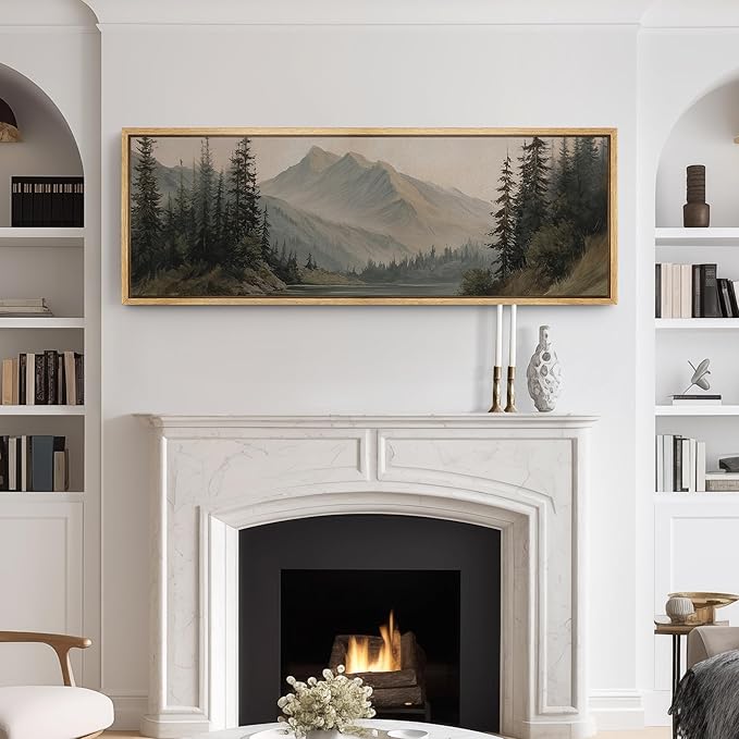 SIGNFORD Large Framed Canvas Print Wall Art Mountain Forest Landscape Misty Pine Trees and Lake Scene Illustrations Modern Art Relax/Calm Warm for Living Room, Bedroom, Office - 60"x20"
