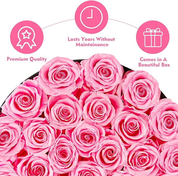 Forever Flowers, 27 Roses in A Box, Real Preserved Roses, Birthday Gift for Women, Anniversary, Mother's Day - Pink Rose